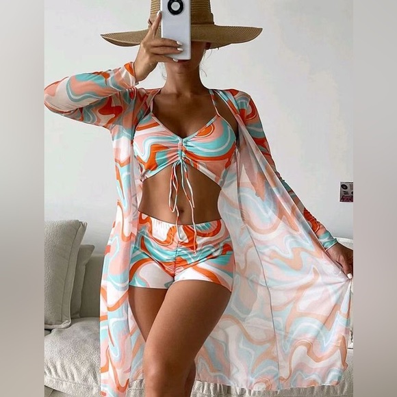Other - 3 piece set Swim Suit Bikini tankini Shorts Boho Orange kimono New Xl L S M